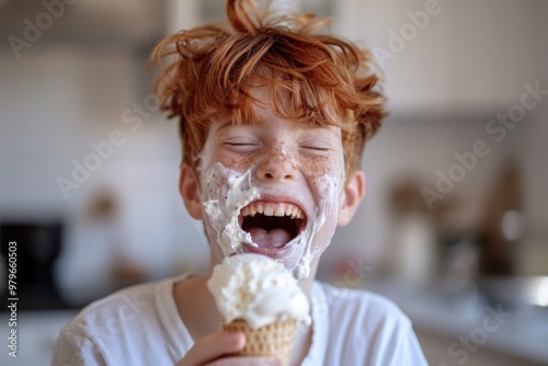 Nice white teen enjoying sunny day bushy hair and joyful spirit. Little one devours their favorite ice cream flavor.  Warmth and charme of youth portrayed casual fashion and style.