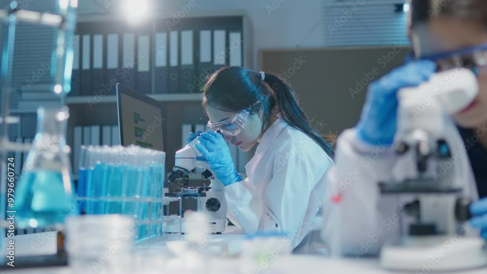 Female scientists use and adjust looking to microscope cells and bacteria in laboratory for research on pharmacy medical for healing and antibody for protect disease and virus Female scientists use and adjust looking to microscope cells and bacteria in laboratory for research on pharmacy medical for healing and antibody for protect disease and virus