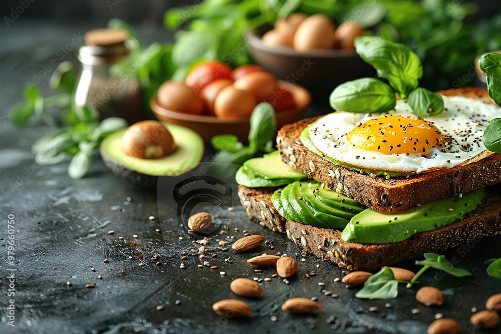 A plate of food with a sandwich, avocado, and eggs A plate of food with a sandwich, avocado, and eggs