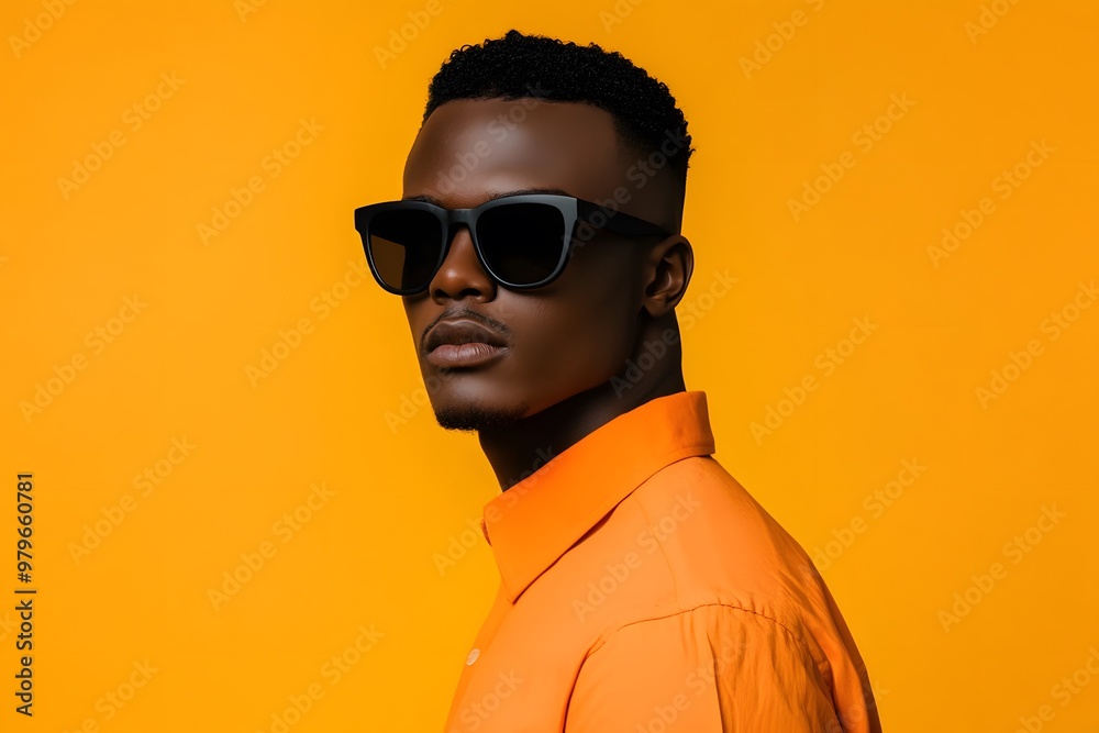 portrait of a stylish modern black man wearing black sunglasses, representing fashion and confident, yellow background portrait of a stylish modern black man wearing black sunglasses, representing fashion and confident, yellow background