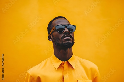 portrait of a stylish modern black man wearing black sunglasses, representing fashion and confident, yellow background