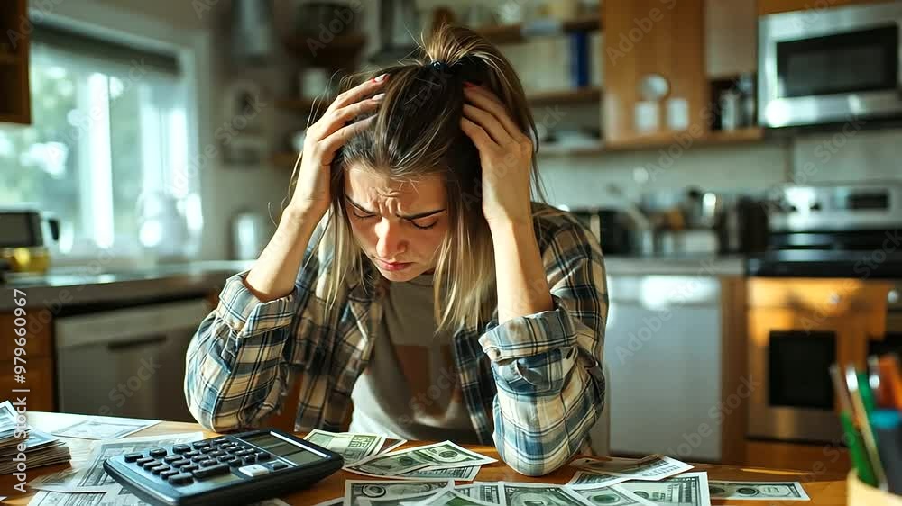 A woman sitting at a kitchen table, surrounded by scattered bills and a calculator A woman sitting at a kitchen table, surrounded by scattered bills and a calculator