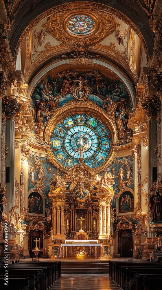 Ornate Interior of a Catholic Church with a Stained Glass Window