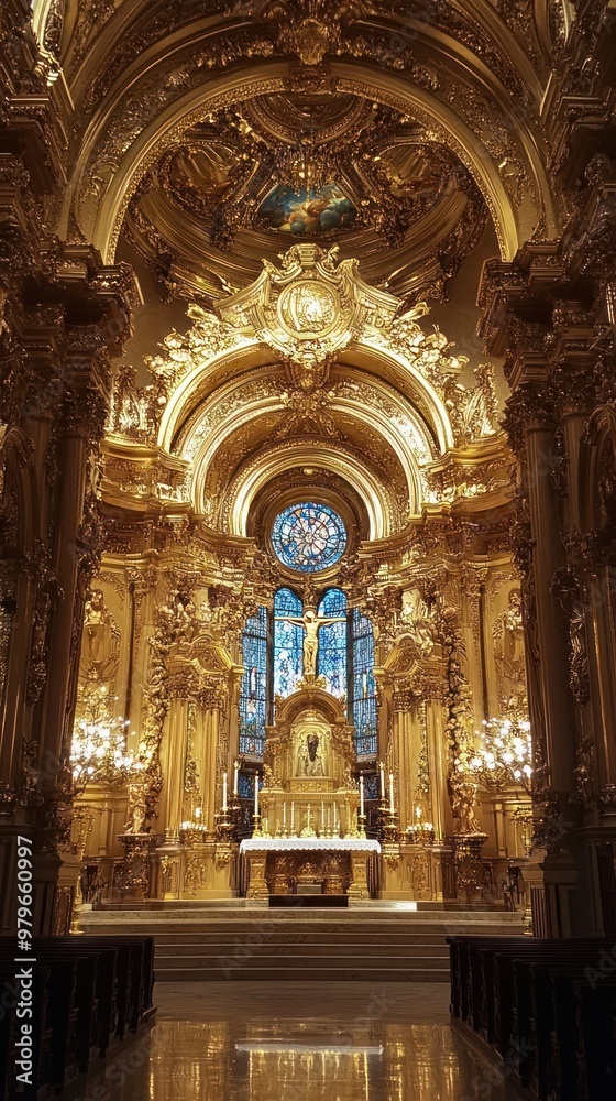 Fototapeta premium Ornate Interior of a Church with a Stained-Glass Window and a Golden Altar