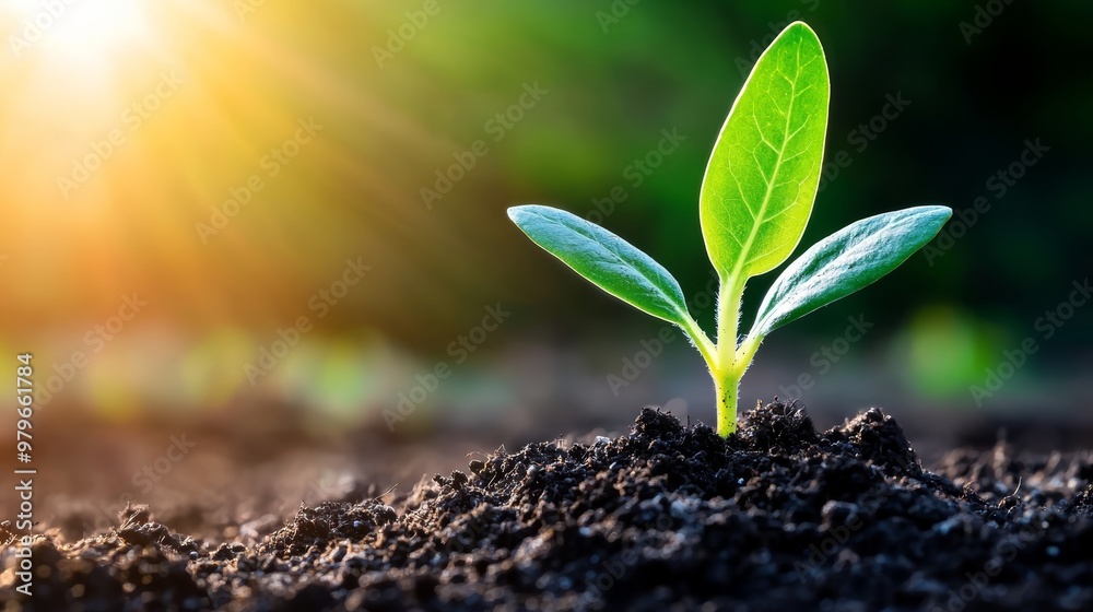 A close-up of a young plant growing in a perfectly tilled field, with golden sunlight breaking over the horizon, emphasizing the importance of nurturing growth.