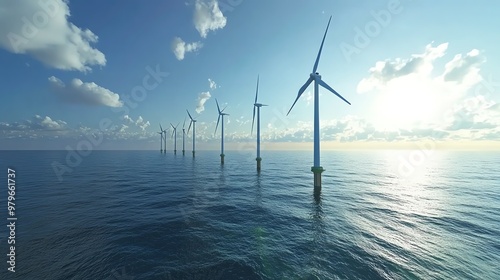 A serene ocean view featuring wind turbines that harness renewable energy under a clear blue sky. photo