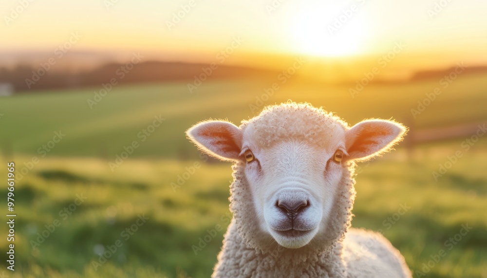 A close-up shot of a sheep munching on grass, with dew-covered fields stretching into the distance under the soft light of dawn. A close-up shot of a sheep munching on grass, with dew-covered fields stretching into the distance under the soft light of dawn.