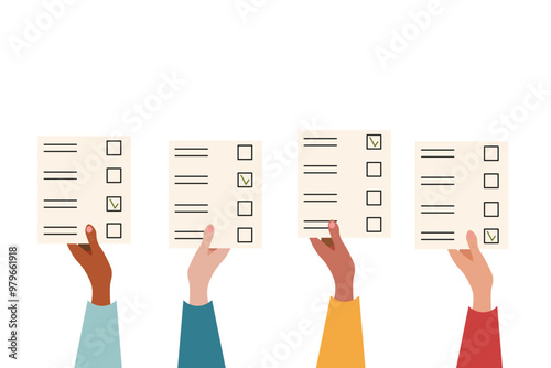 Human hands raised up with vote ballots. Election campaign. Vector illustration.