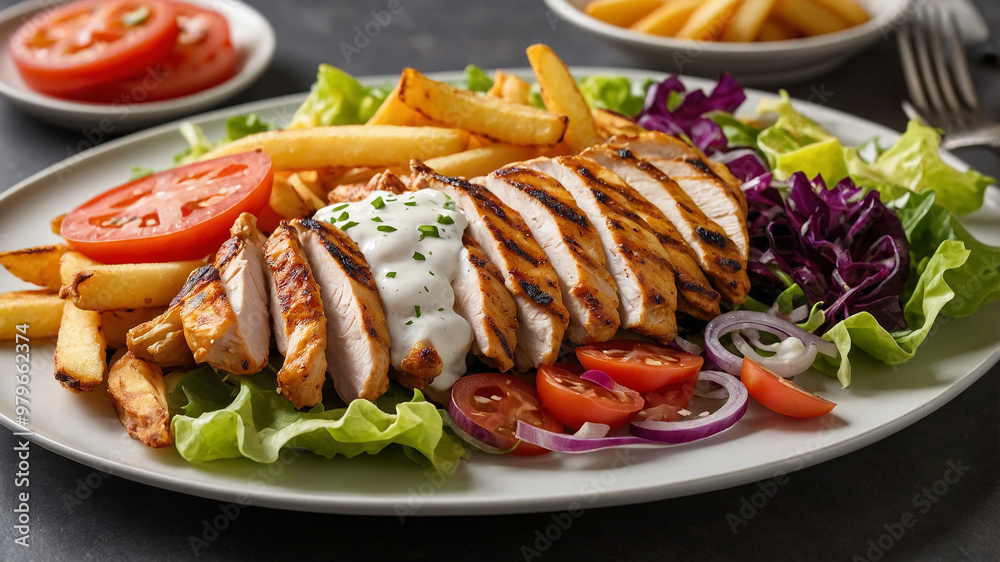 Grilled chicken breast topped with creamy sauce, served with fries, tomatoes, and lettuce on white plate.