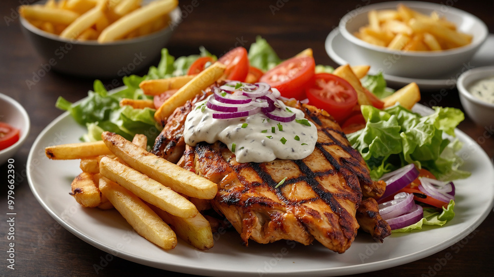 Grilled chicken breast topped with creamy sauce, served with fries, tomatoes, and lettuce on white plate. Grilled chicken breast topped with creamy sauce, served with fries, tomatoes, and lettuce on white plate.