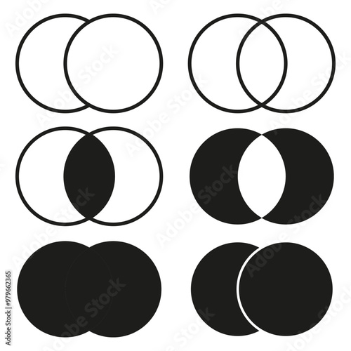 Overlapping circles icon. Intersecting shapes symbol. Venn diagram representation. Vector circular design.