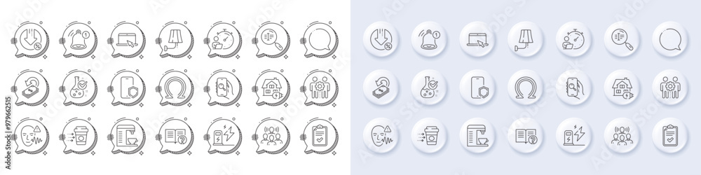 Phone protect, Team work and Coffee machine line icons. White pin 3d buttons, chat bubbles icons. Pack of Checklist, Chemistry lab, Search text icon. Vector