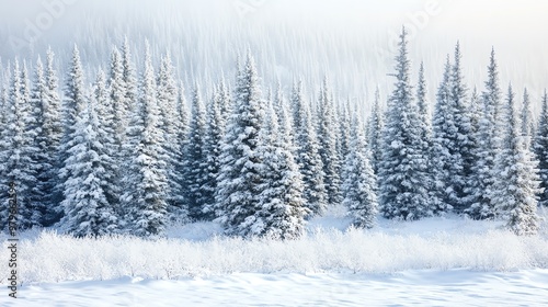 A serene winter landscape featuring snow-covered evergreen trees in a tranquil setting, evoking peace and natural beauty.