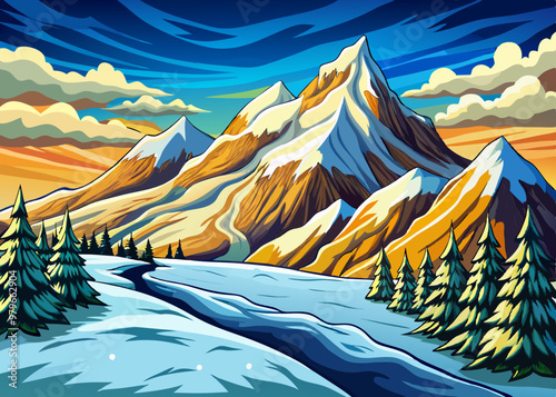 cartoon vector illustration of snowy mountain slope in the Alps during winter with trees, landscape background