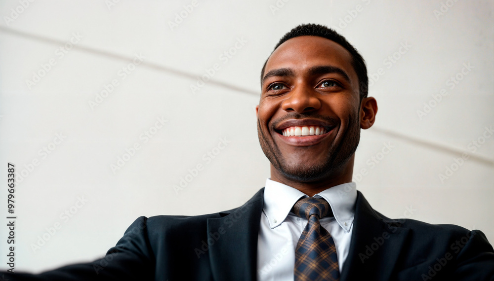 Man wearing suit and tie, smiling brightly. Selfie. White background. Happy. Man wearing suit and tie, smiling brightly. Selfie. White background. Happy.