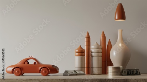 a shelf with a car, a lamp and a vase