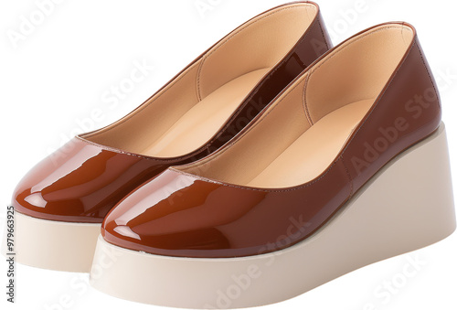 Fashionable women's brown wedge heel shoes with glossy finish, perfect for casual and formal occasions, offering comfort and style. photo