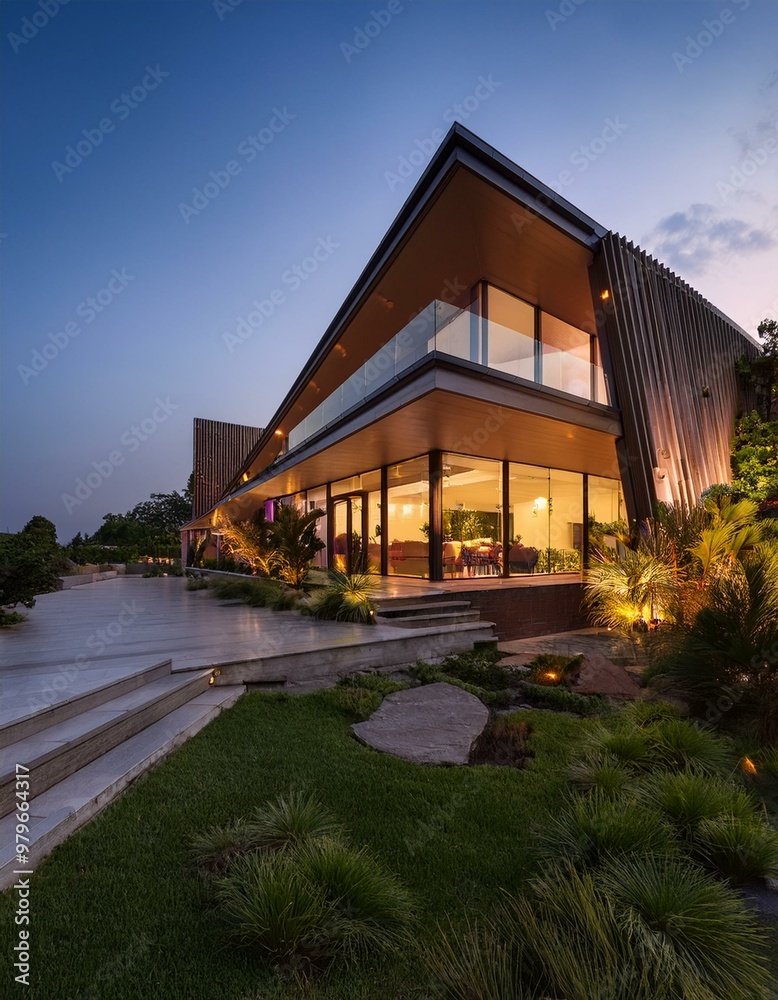 Modern architectural marvel showcasing sleek design and lush landscaping Modern architectural marvel showcasing sleek design and lush landscaping