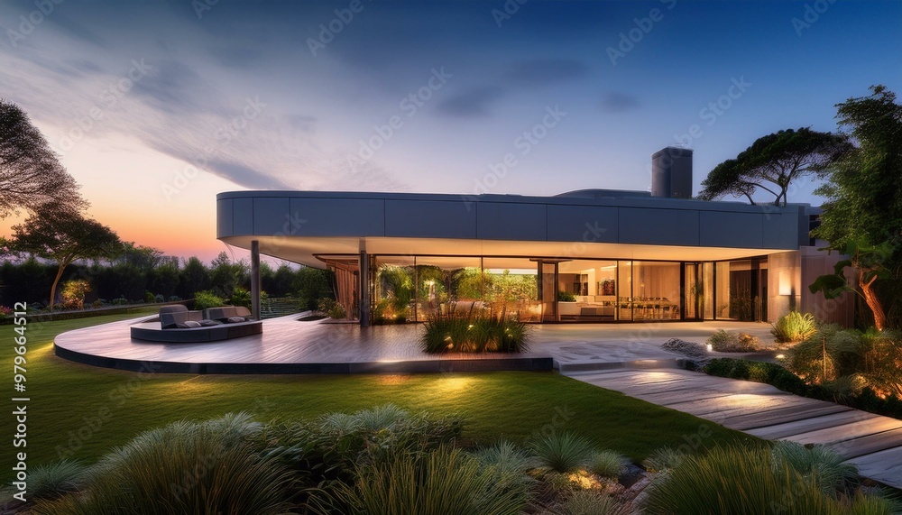 Modern architectural marvel showcasing sleek design and lush landscaping Modern architectural marvel showcasing sleek design and lush landscaping