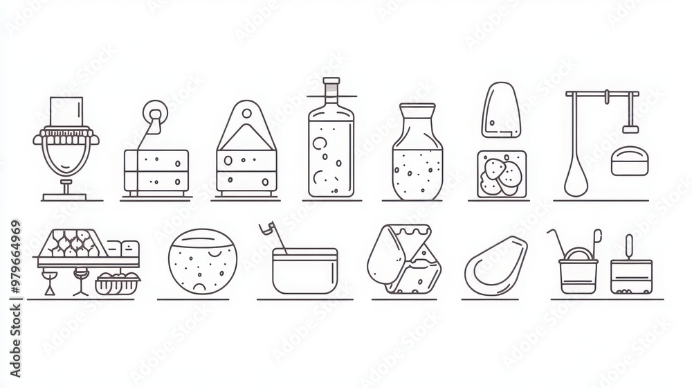 Cheese Making Process thin line icon set. Featuring milk curdling, whey ...