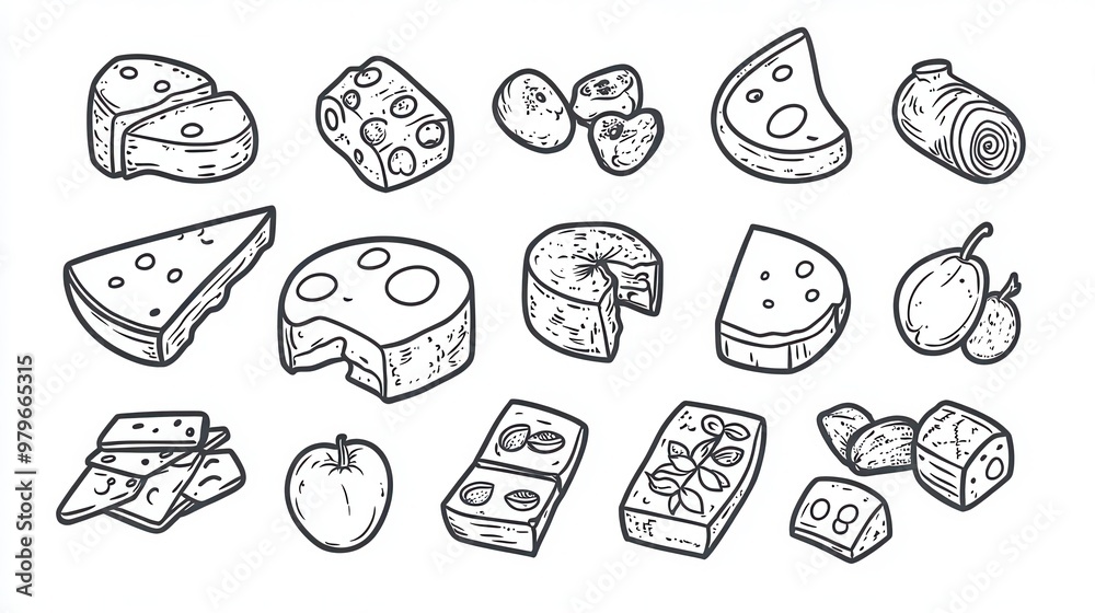 Cheese Board thin line icon set. Featuring cheese slices, crackers, fruits, nuts, and cured meats Cheese Board thin line icon set. Featuring cheese slices, crackers, fruits, nuts, and cured meats