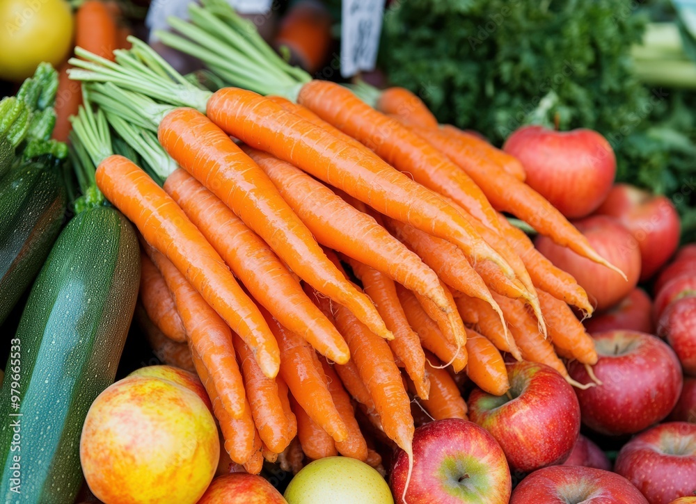 Close-up of cardboard boxes with vegetables on the table, blurred background of an outdoor market stall with signs and greenery, fresh fruits and carrots, green pears and tomatoes in a box for sale Close-up of cardboard boxes with vegetables on the table, blurred background of an outdoor market stall with signs and greenery, fresh fruits and carrots, green pears and tomatoes in a box for sale