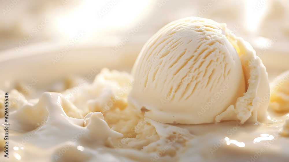 Vanilla ice cream scooped, almost melted Vanilla ice cream scooped, almost melted