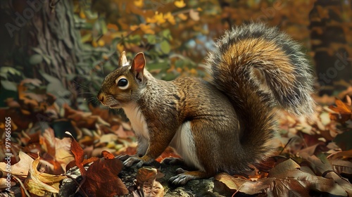 A gray squirrel sits on a rock in a forest with a background of fall foliage.