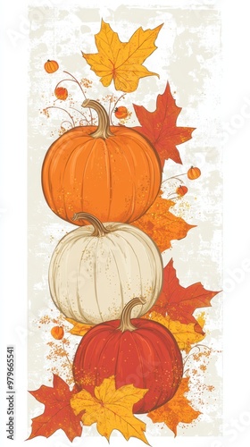 a fall card with pumpkins and leaves
