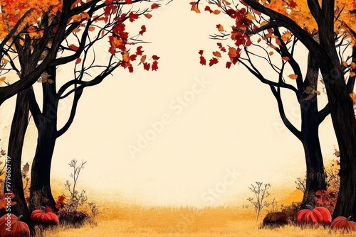 an autumn scene with trees and leaves