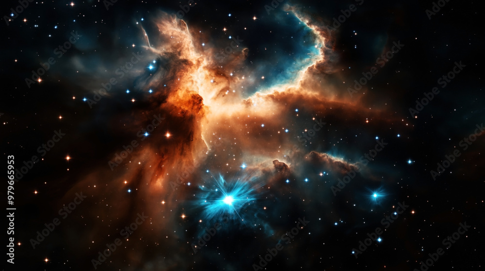 Colorful nebula with vibrant gas clouds and stars in deep space, showcasing blue and orange hues, intricate cosmic formations, and bright celestial bodies. Colorful nebula with vibrant gas clouds and stars in deep space, showcasing blue and orange hues, intricate cosmic formations, and bright celestial bodies.