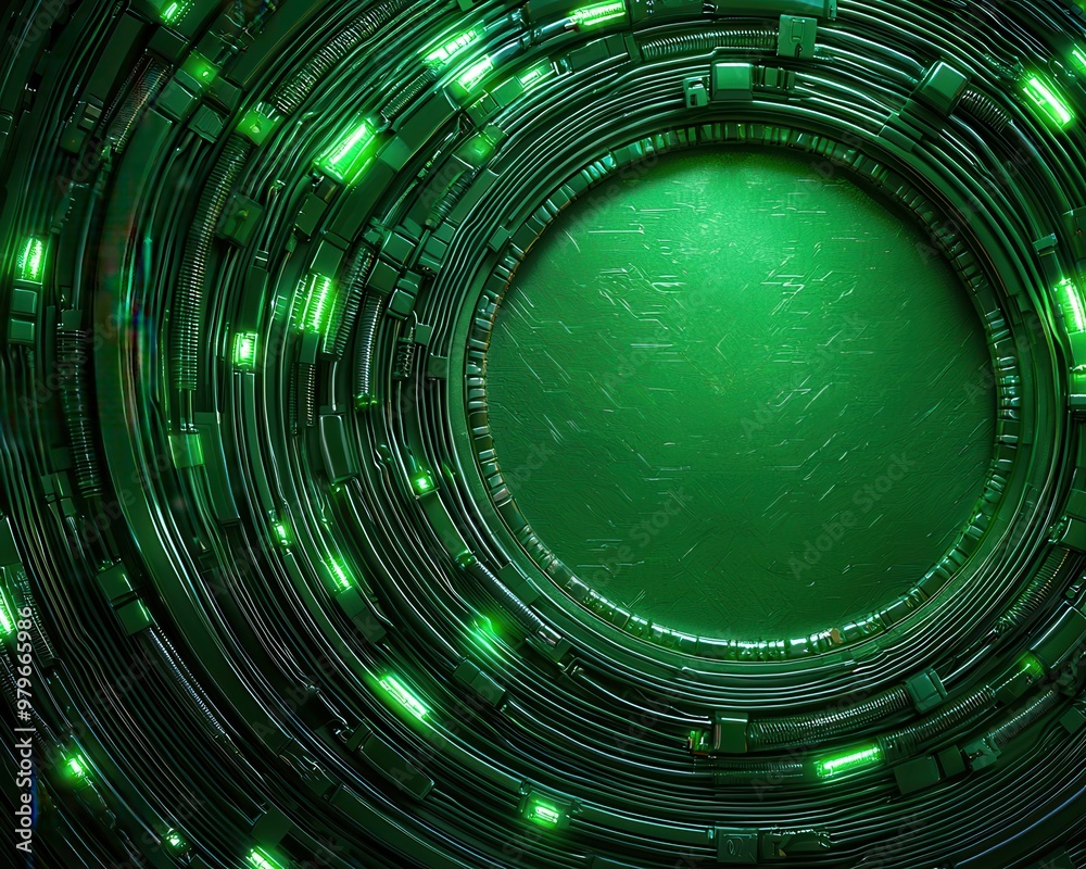 Obraz premium A mesmerizing abstract pattern of green circular lines and glowing lights, evoking a sense of depth and technology.