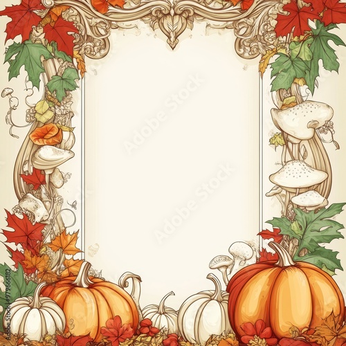 an autumn background with pumpkins and leaves photo