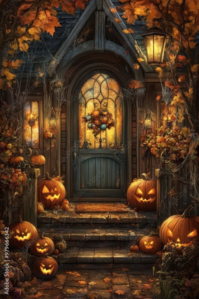 halloween pumpkins and lanterns in front of a house halloween pumpkins and lanterns in front of a house