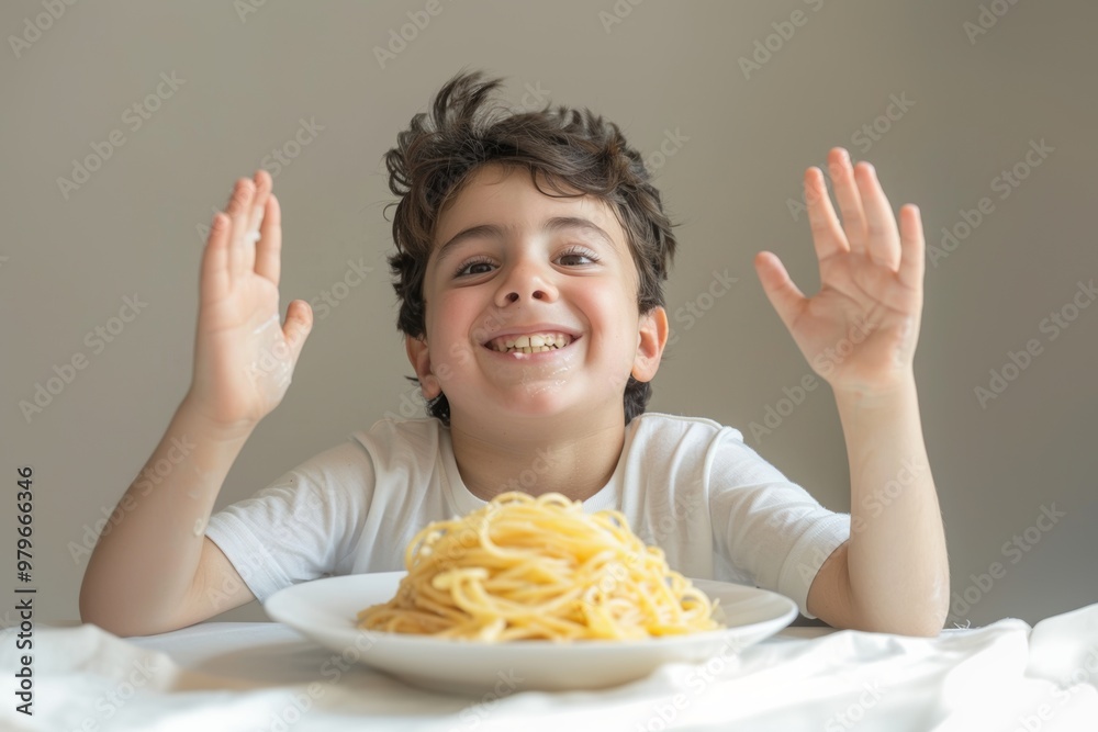 Joyful child restaurant raising hands near delicious pasta meal. Chubby boy showing excitement meal cheerful and fun atmosphere. Innocence and pure delight life's small pleasures. Joyful child restaurant raising hands near delicious pasta meal. Chubby boy showing excitement meal cheerful and fun atmosphere. Innocence and pure delight life's small pleasures.