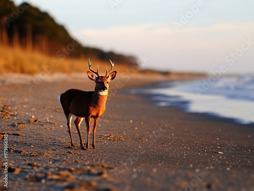 A majestic deer stands gracefully on a serene beach at sunset, highlighting nature's beauty by the ocean. photo