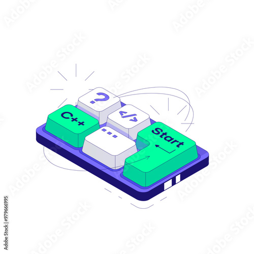 Small Mini Keyboard with Programming icons. Developer concept. Isometric vector illustration 