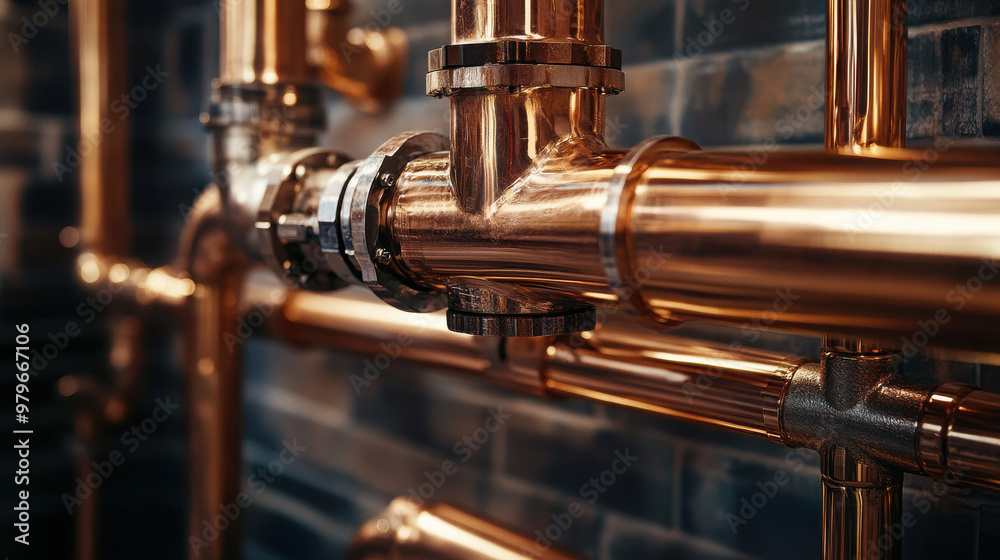 Fototapeta premium Close-up of copper plumbing pipes against a dark tiled background.