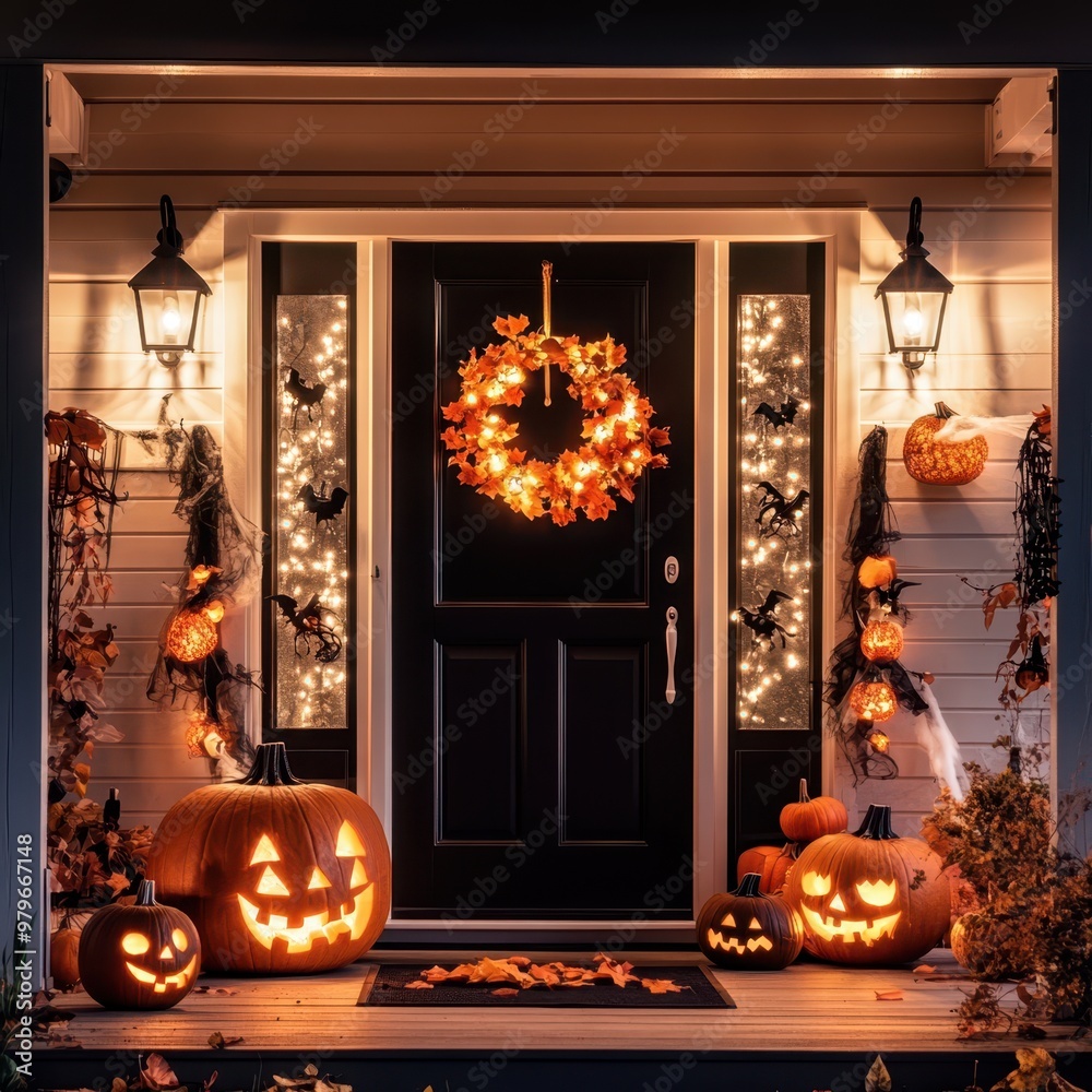Obraz premium a front door decorated with pumpkins and wreaths
