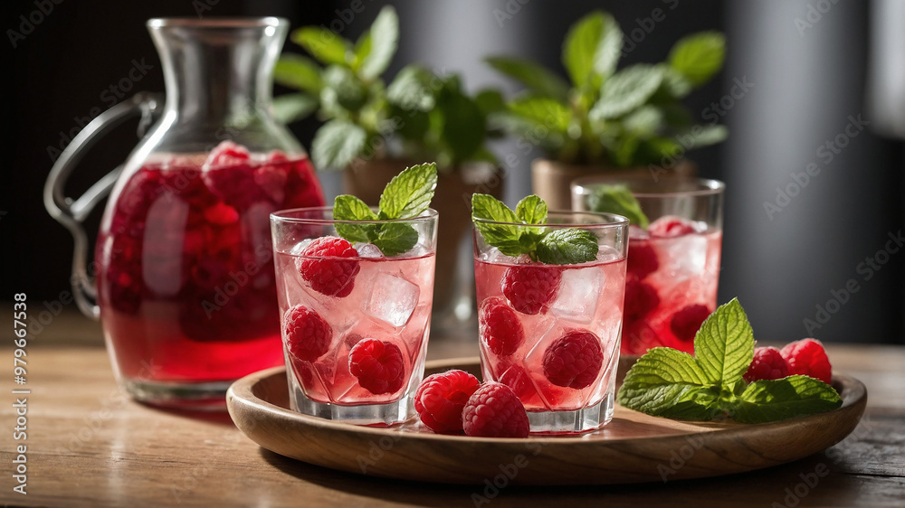 Two glasses of pink raspberry mint cocktail on a table with a decanter and fresh herbs, very refreshing. Two glasses of pink raspberry mint cocktail on a table with a decanter and fresh herbs, very refreshing.