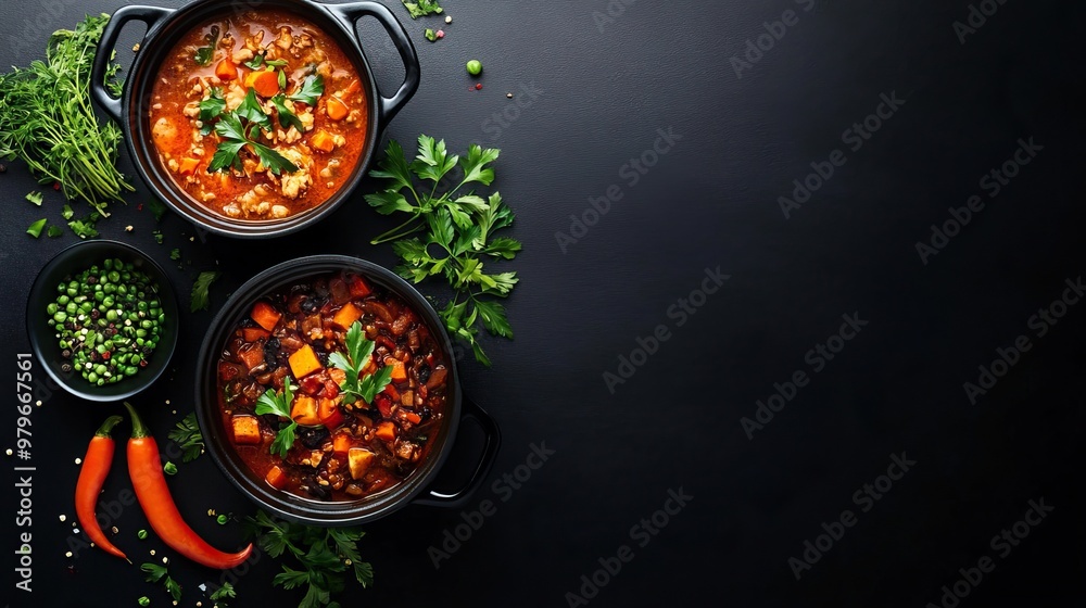 Delicious vegetarian stew in black pots, garnished with fresh herbs and accompanied by vibrant red chili and green onion. Delicious vegetarian stew in black pots, garnished with fresh herbs and accompanied by vibrant red chili and green onion.