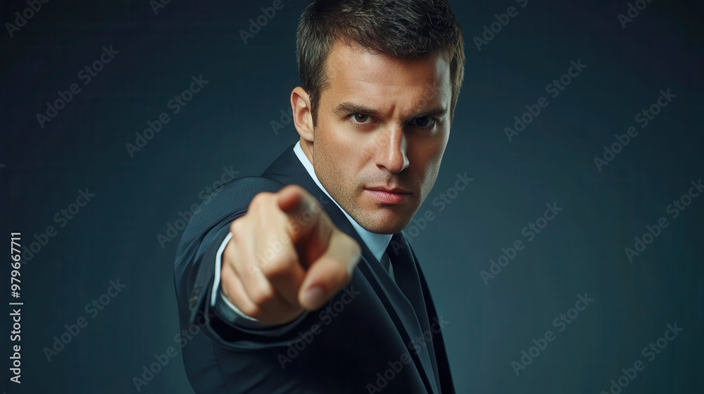 A confident man in a suit points assertively at the viewer, conveying authority and focus. A confident man in a suit points assertively at the viewer, conveying authority and focus.