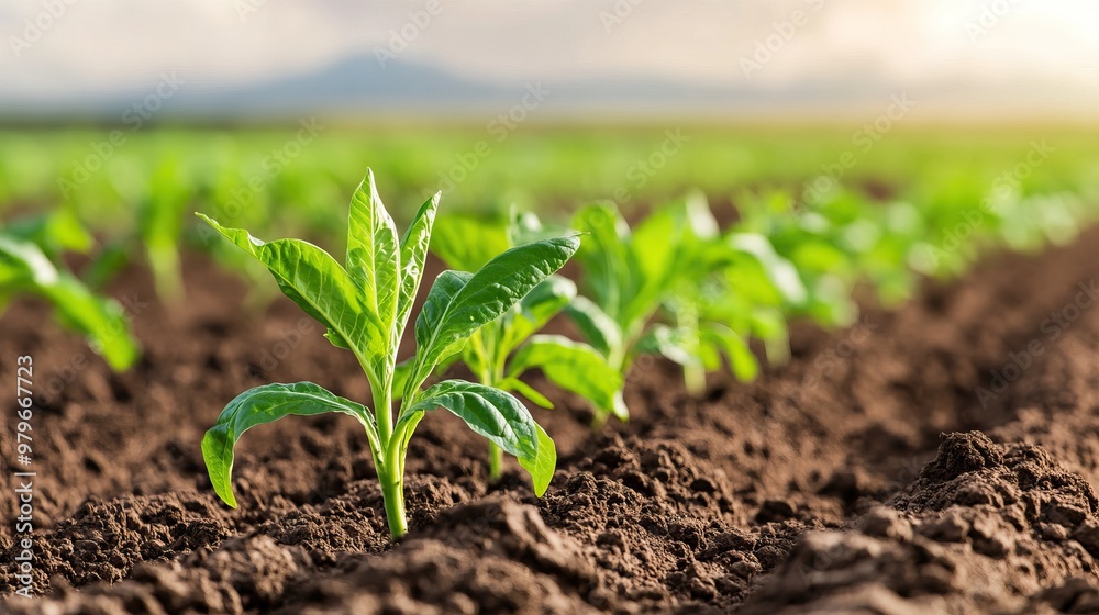 Fresh green plant sprouts thriving in rich soil under a beautiful sky, symbolizing growth and nature's beauty.