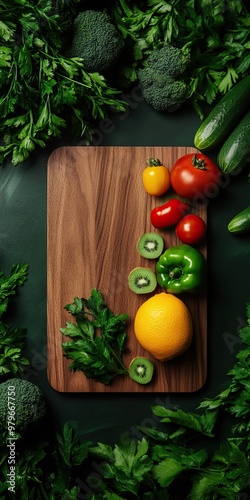 Fresh vegetables and fruits arranged on a wooden cutting board, surrounded by vibrant greenery, perfect for healthy meal prep. photo