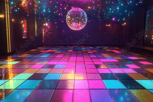 Vibrant and glamorous disco dance floor with colorful lights for a retro party atmosphere. photo