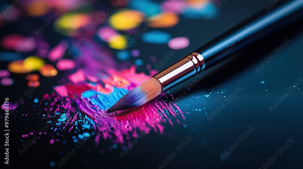 Fototapeta premium Vibrant paint splatters surround a brush, creating an artistic and colorful scene perfect for creativity and inspiration.