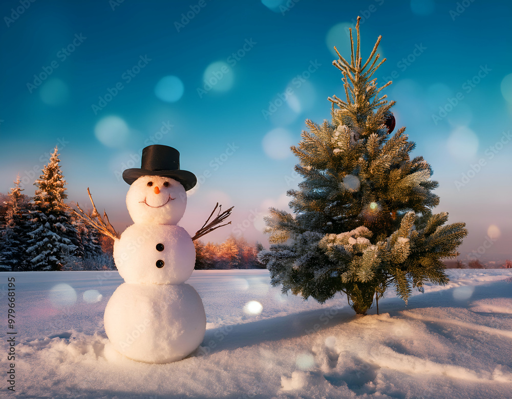 Obraz premium Holiday Magic: Snowman Beside a Glittering Christmas Tree at Twilight