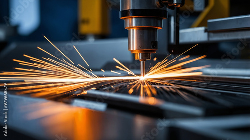 A close-up of a CNC machine cutting metal with sparks flying around in a high-tech industrial environment. photo