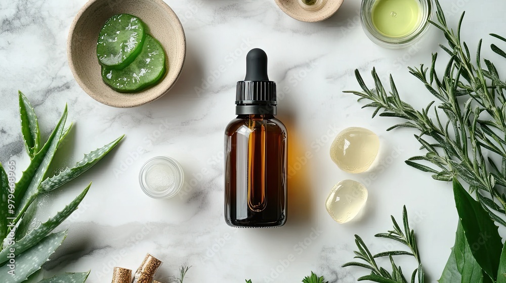 A flat-lay of a bottle of serum placed on a marble surface alongside natural ingredients like aloe vera and essential oils, showcasing a natural skincare routine. A flat-lay of a bottle of serum placed on a marble surface alongside natural ingredients like aloe vera and essential oils, showcasing a natural skincare routine.