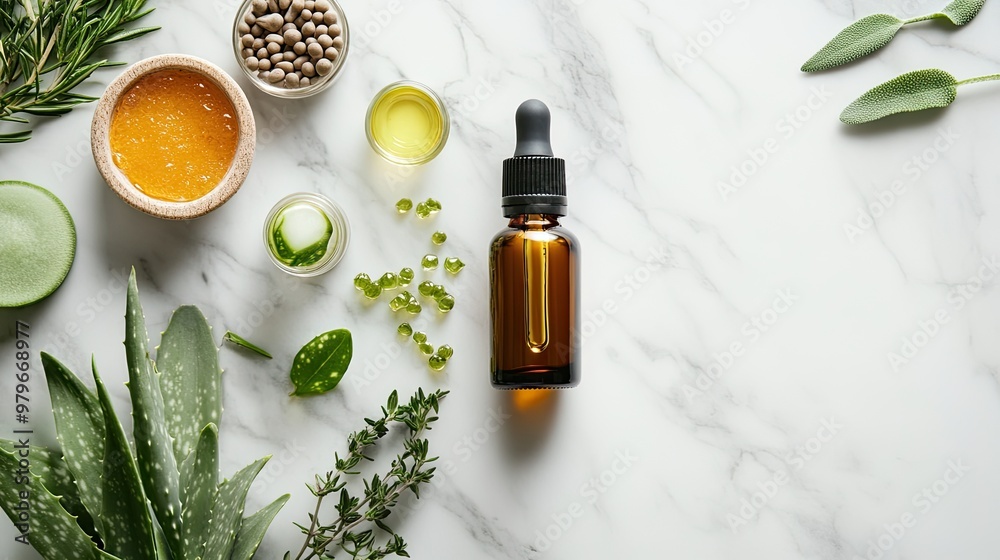 A flat-lay of a bottle of serum placed on a marble surface alongside natural ingredients like aloe vera and essential oils, showcasing a natural skincare routine. A flat-lay of a bottle of serum placed on a marble surface alongside natural ingredients like aloe vera and essential oils, showcasing a natural skincare routine.